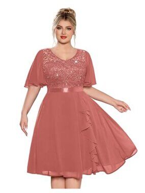 Plus Size Sequin Floral Lace V-Neck Cocktail Wedding Guest Formal Dress